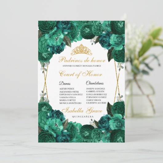 Emerald Green Floral Quinceanera Court of Honor Kaart (Staand voorkant)