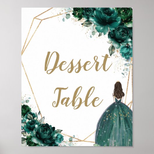 Emerald Green Floral Quinceañera Dessert Table Poster (Voorkant)