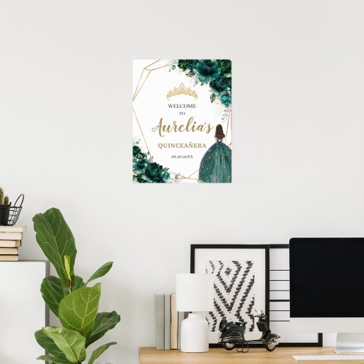 Emerald Green Floral Quinceañera Geometric Welkom Poster (Thuiskantoor)