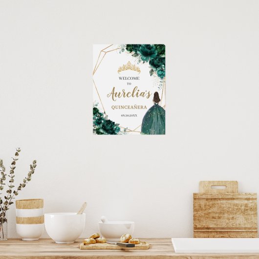 Emerald Green Floral Quinceañera Geometric Welkom Poster (Keuken)