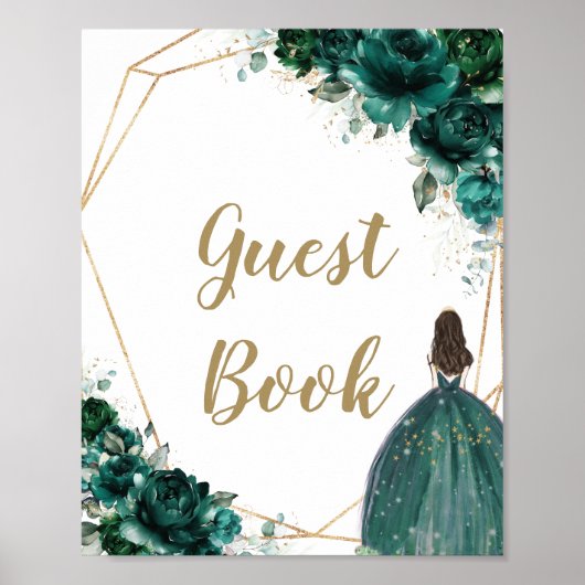 Emerald Green Floral Quinceañera Guest Book Sign. Poster (Voorkant)