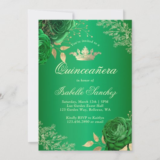 Emerald Green Floral Quinceanera Kaart (Voorkant)
