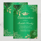 Emerald Green Floral Quinceanera Kaart (Voorkant / Achterkant)