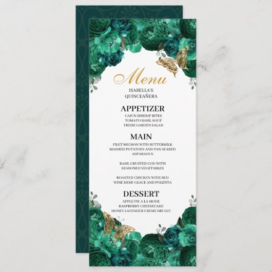 Emerald Green Floral Quinceanera Menu Kaart (Voorkant / Achterkant)