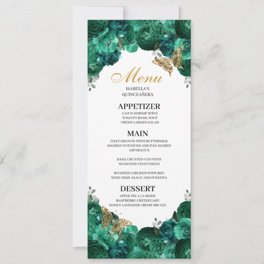 Emerald Green Floral Quinceanera Menu Kaart (Voorkant)