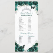 Emerald Green Floral Quinceañera Orde van Evenemen Programmakaart (Achterkant)