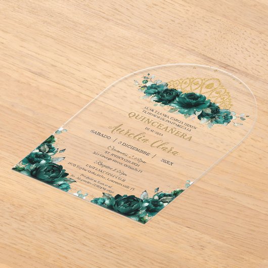 Emerald Green Floral Quinceanera Princess Crown Acryl Uitnodigingen (Laagn)