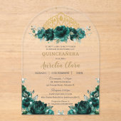 Emerald Green Floral Quinceanera Princess Crown Acryl Uitnodigingen (Voorkant)