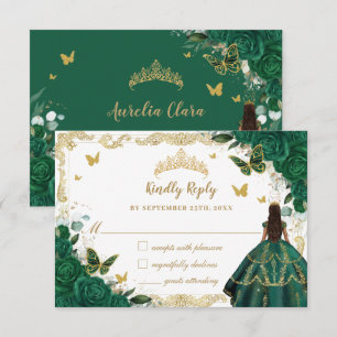 Emerald Green Floral Quinceañera Princess Crown RSVP Kaartje