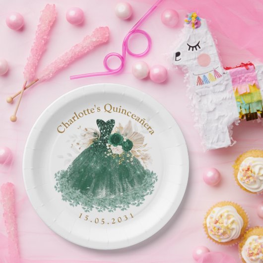Emerald Green Floral Quinceanera Princess Dress Papieren Bordje (Feest)