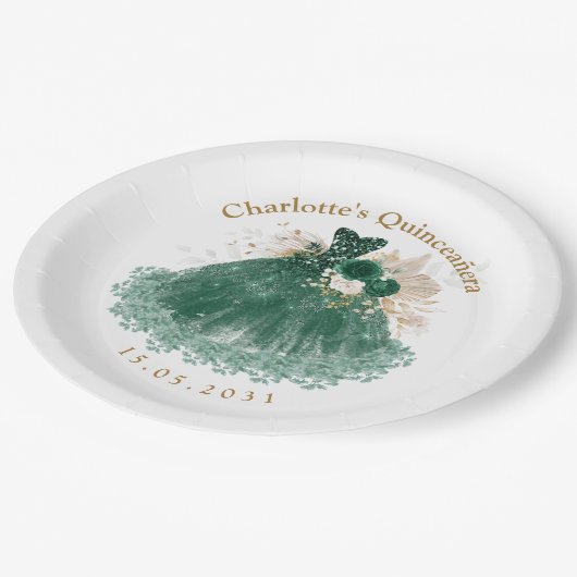 Emerald Green Floral Quinceanera Princess Dress Papieren Bordje (Gekanteld)