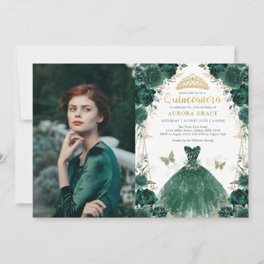 Emerald Green Floral Quinceañera Princess Foto Kaart (Voorkant)