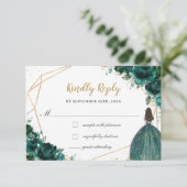 Emerald Green Floral Quinceañera Princess Reply RSVP Kaartje (Staand voorkant)