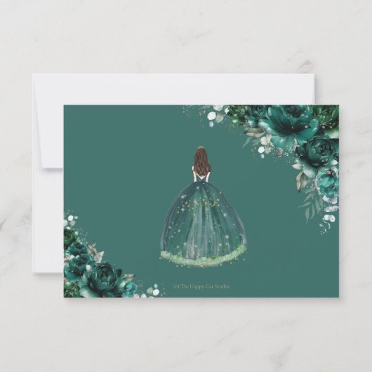 Emerald Green Floral Quinceañera Princess Reply RSVP Kaartje (Achterkant)