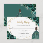 Emerald Green Floral Quinceañera Princess Reply RSVP Kaartje (Voorkant / Achterkant)