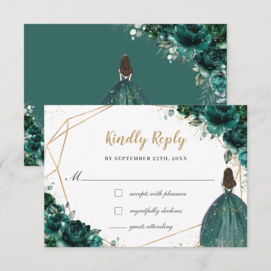 Emerald Green Floral Quinceañera Princess Reply RSVP Kaartje (Voorkant / Achterkant)