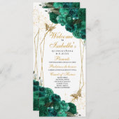 Emerald Green Floral Quinceanera-programma Kaart (Voorkant / Achterkant)