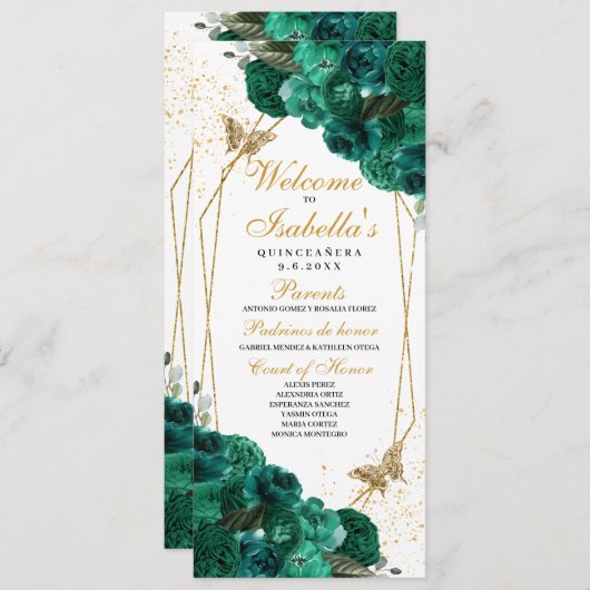 Emerald Green Floral Quinceanera-programma Kaart (Voorkant / Achterkant)