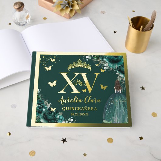 Emerald Green Floral Quinceañera Quince 15 XV Gold Gastenboek (Voorkant open)