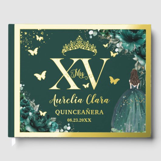 Emerald Green Floral Quinceañera Quince 15 XV Gold Gastenboek (Voorkant)