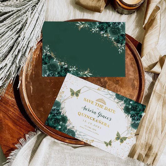 Emerald Green Floral Quinceanera Save the Date Aankondiging