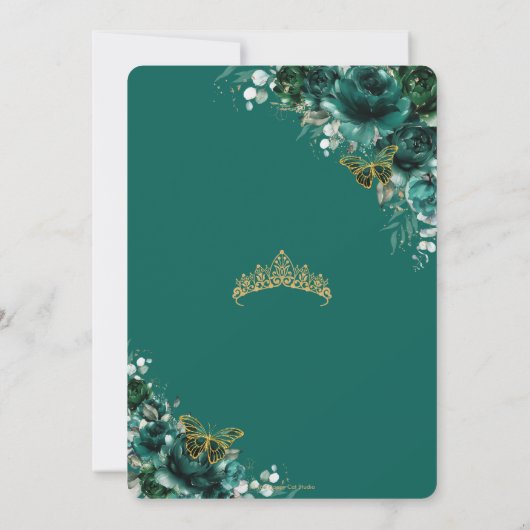 Emerald Green Floral Quinceanera Sweet 16 Verjaard Kaart (Achterkant)