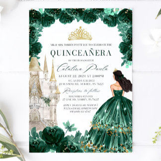 Emerald Green Floral Quinceanera Uitnodigingskaste Kaart