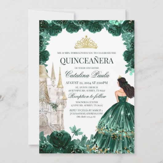 Emerald Green Floral Quinceanera Uitnodigingskaste Kaart
