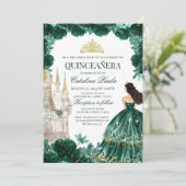 Emerald Green Floral Quinceanera Uitnodigingskaste Kaart (Staand voorkant)