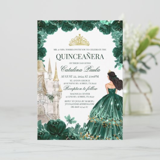 Emerald Green Floral Quinceanera Uitnodigingskaste Kaart (Staand voorkant)