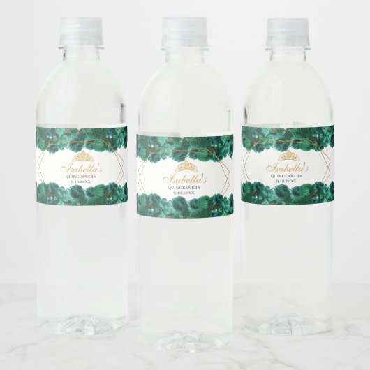 Emerald Green Floral Quinceanera Waterfles Etiket (Flessen)