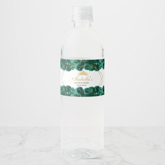 Emerald Green Floral Quinceanera Waterfles Etiket (Voorkant)