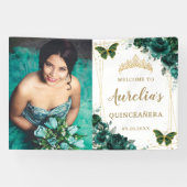 Emerald Green Floral Quinceañera Welkomstachtergro Spandoek (Horizontaal)