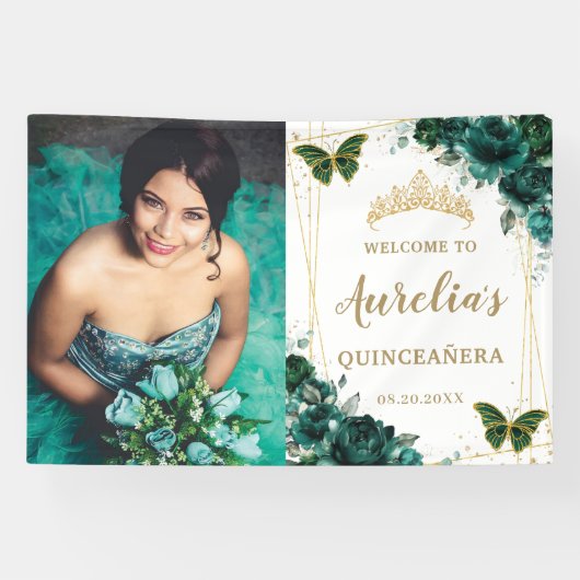 Emerald Green Floral Quinceañera Welkomstachtergro Spandoek (Horizontaal)