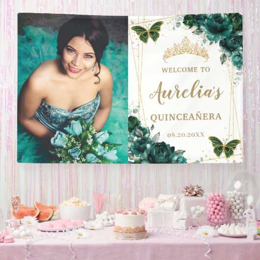 Emerald Green Floral Quinceañera Welkomstachtergro Spandoek (Feest)
