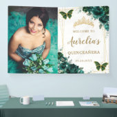 Emerald Green Floral Quinceañera Welkomstachtergro Spandoek (Beurs)