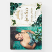 Emerald Green Floral Quinceañera Welkomstachtergro Spandoek (Verticaal)