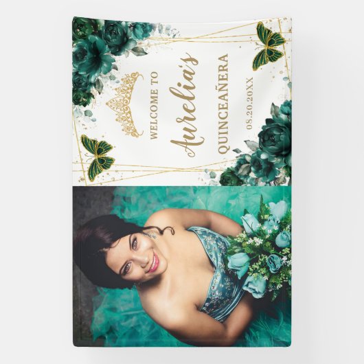 Emerald Green Floral Quinceañera Welkomstachtergro Spandoek (Verticaal)