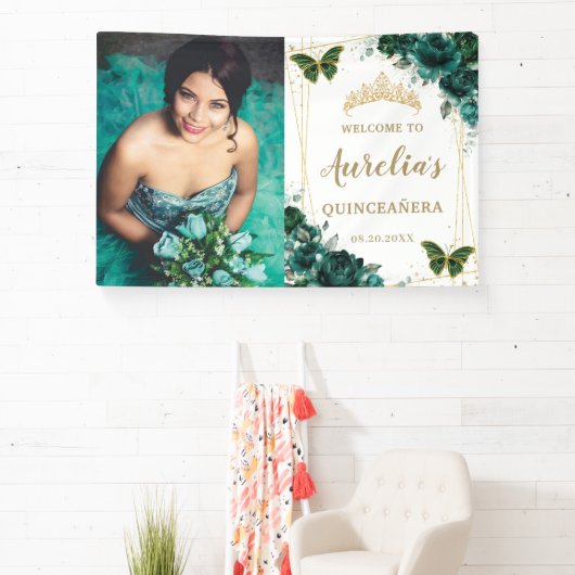 Emerald Green Floral Quinceañera Welkomstachtergro Spandoek (Insitu)