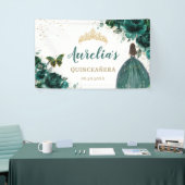 Emerald Green Floral Quinceañera Welkomstachtergro Spandoek (Beurs)