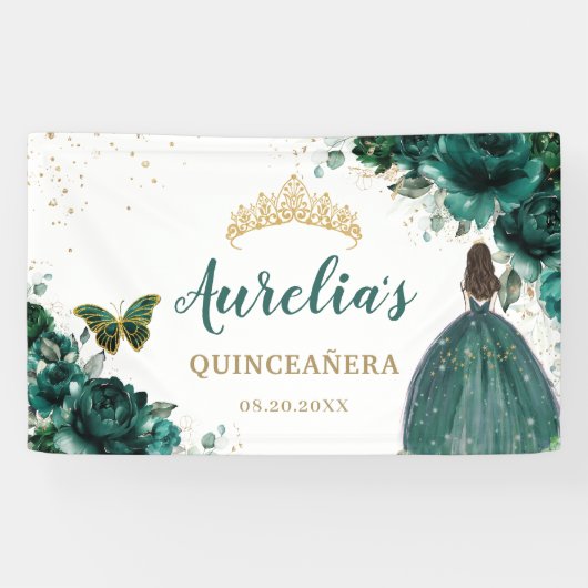 Emerald Green Floral Quinceañera Welkomstachtergro Spandoek (Horizontaal)