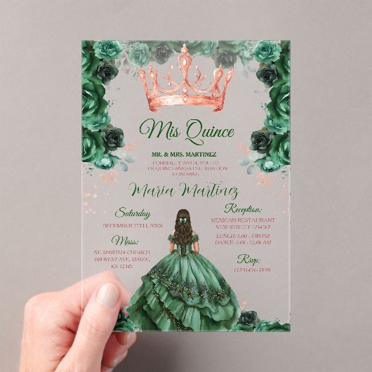 Emerald Green Floral Roos Gold Crown Mis Quince Acryl Uitnodigingen (Insitu (Draagbaar))