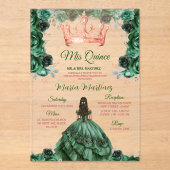 Emerald Green Floral Roos Gold Crown Mis Quince Acryl Uitnodigingen (Voorkant)