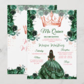 Emerald Green Floral Roos Gold Crown Mis Quince Kaart (Voorkant / Achterkant)