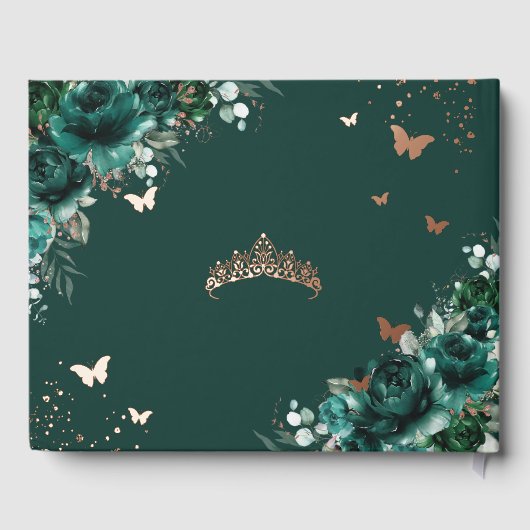 Emerald Green Floral Roos Gold Quinceañera Foto Gastenboek (Achterkant)