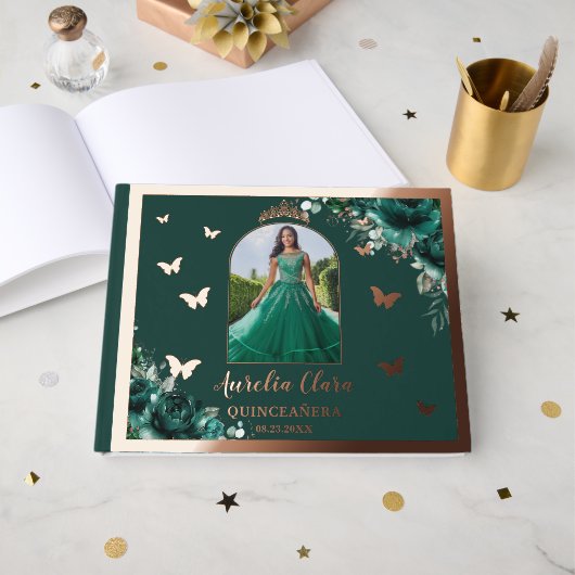 Emerald Green Floral Roos Gold Quinceañera Foto Gastenboek (Voorkant open)