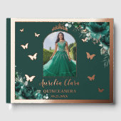 Emerald Green Floral Roos Gold Quinceañera Foto Gastenboek (Voorkant)