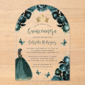 Emerald Green Floral Rozen Waterverf Quinceañera Acryl Uitnodigingen (Voorkant)