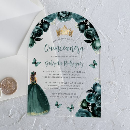 Emerald Green Floral Rozen Waterverf Quinceañera Acryl Uitnodigingen
