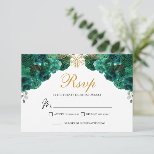 Emerald Green Floral RSVP Enclosure Kaart (Staand voorkant)